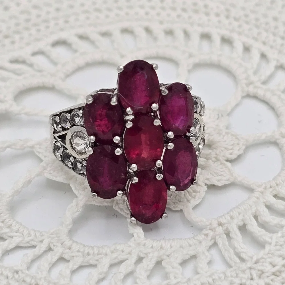 925 Cluster Ring Sterling Silver Red Colored Gemstone Flower Size 5